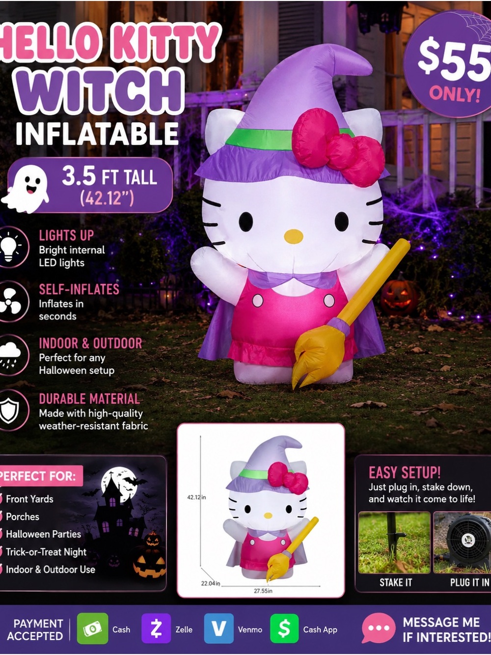 3.5ft Hello Kitty Witch Inflatable Decoration - Pink, Purple & Green